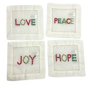 CHRISTMAS White Cotton Holiday Embroidered Cocktail Napkins Set of 4